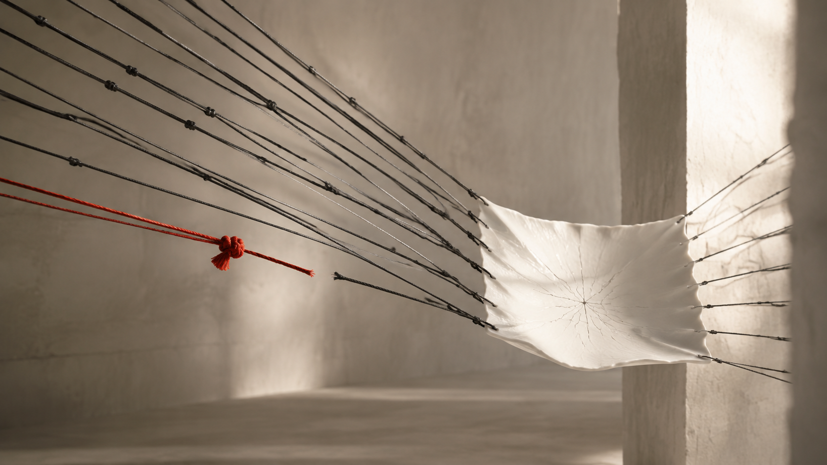 Charcoal cords pull against a fragile porcelain sheet while one red cord has been deliberately released.
