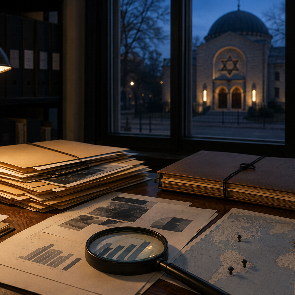An evidence desk with incident files, an unlabelled chart, a magnifying glass, and a synagogue visible at dusk