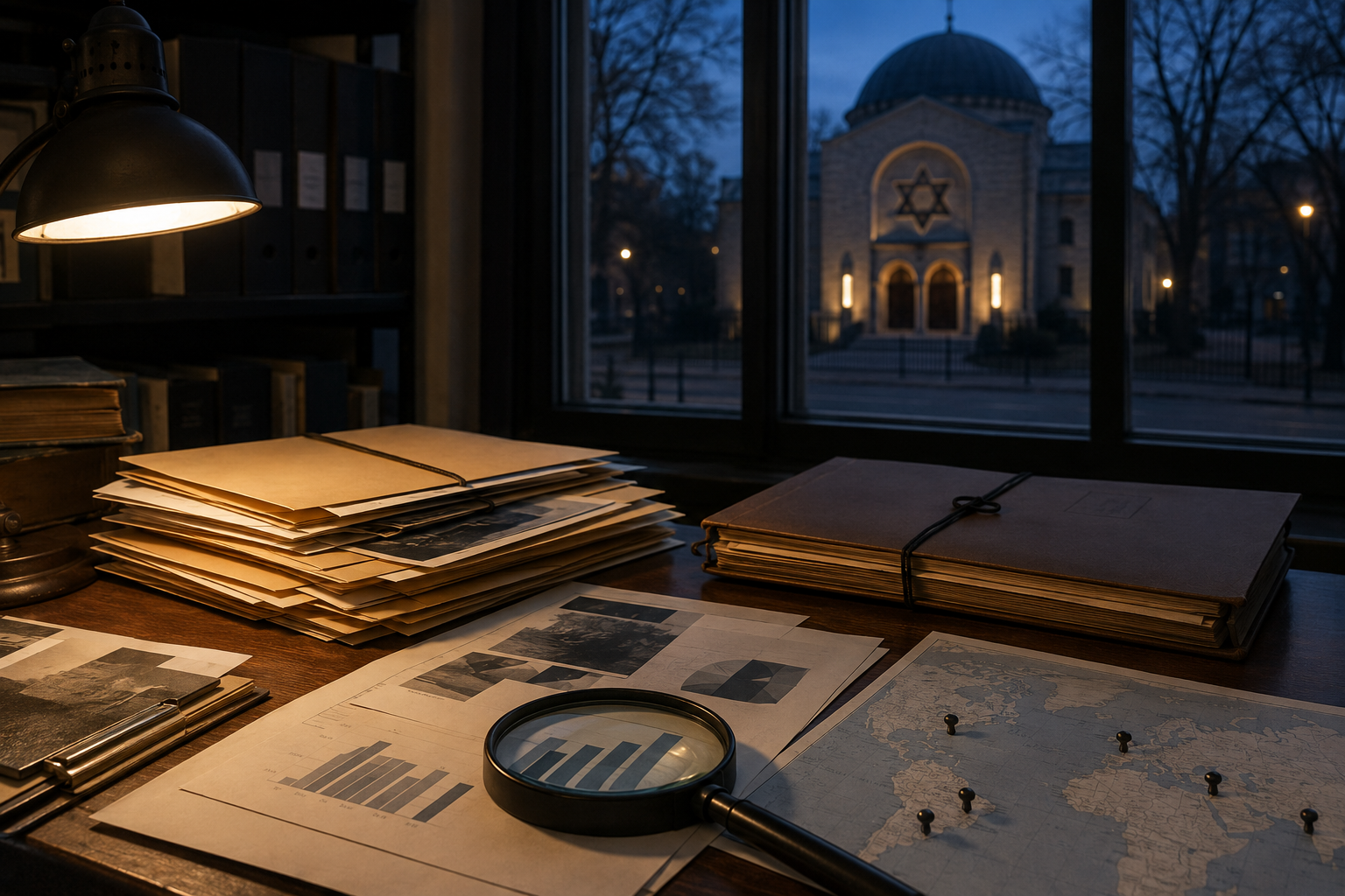 An evidence desk with incident files, an unlabelled chart, a magnifying glass, and a synagogue visible at dusk