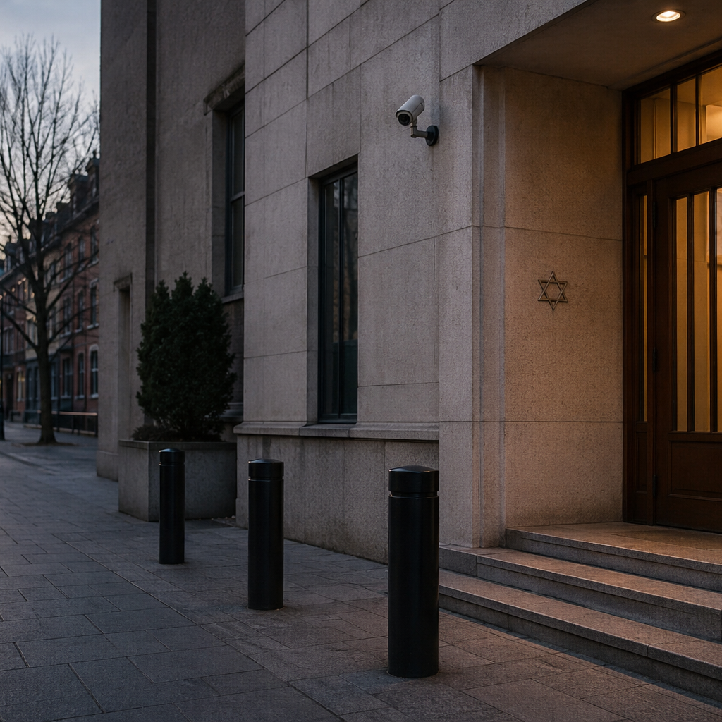 Secured entrance to a Jewish community building on a quiet city street at dawn