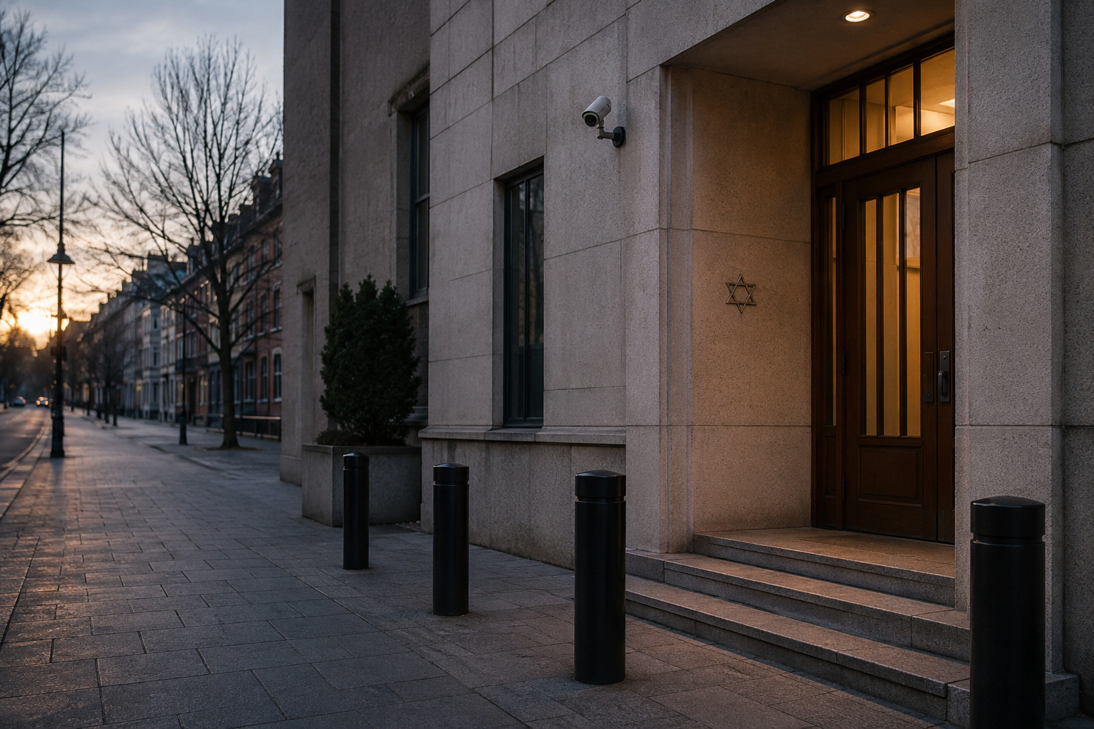 Secured entrance to a Jewish community building on a quiet city street at dawn