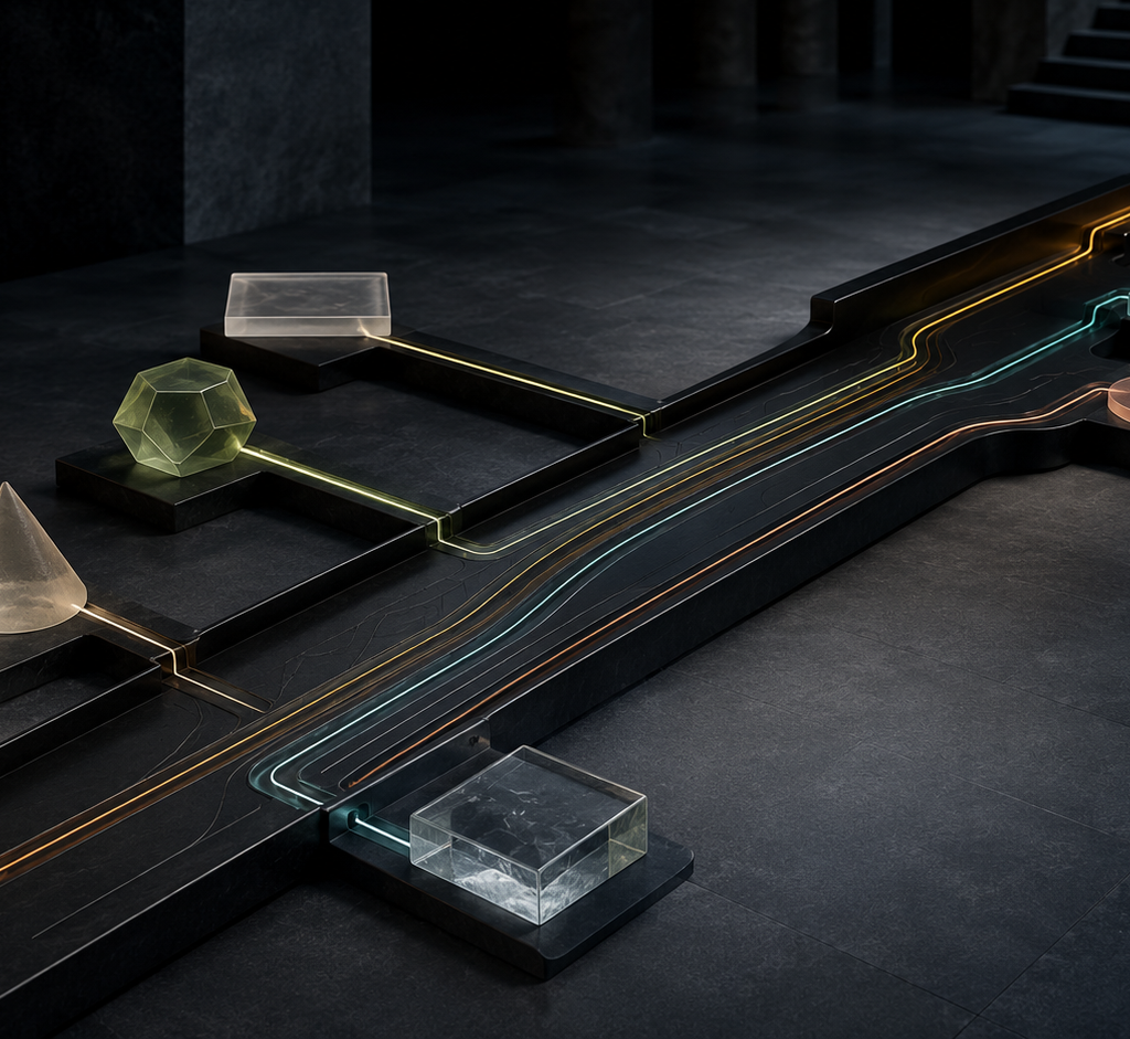 Translucent shapes feed illuminated lines through a dark decision channel toward three distinct outcomes.