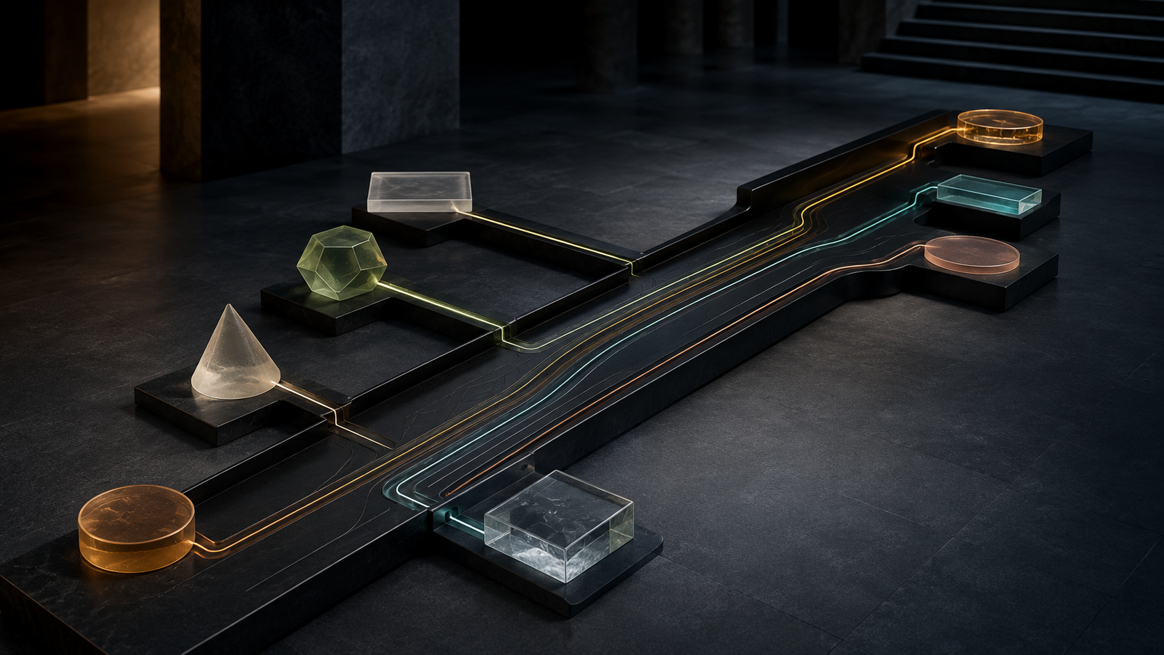 Translucent shapes feed illuminated lines through a dark decision channel toward three distinct outcomes.