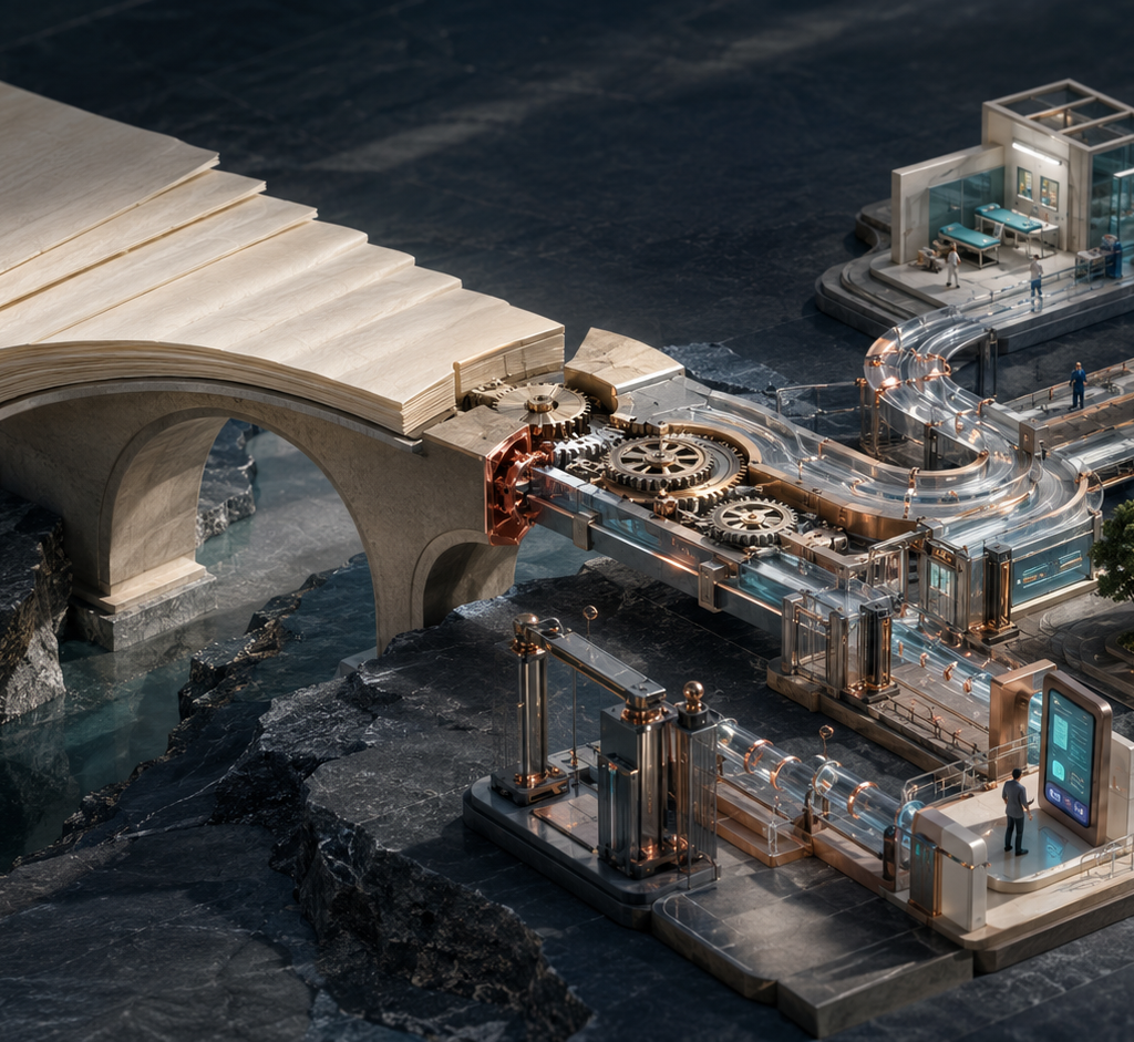 A conceptual architectural model in which blank pages of legislation become a working bridge connecting public services, industry, commerce and digital infrastructure.