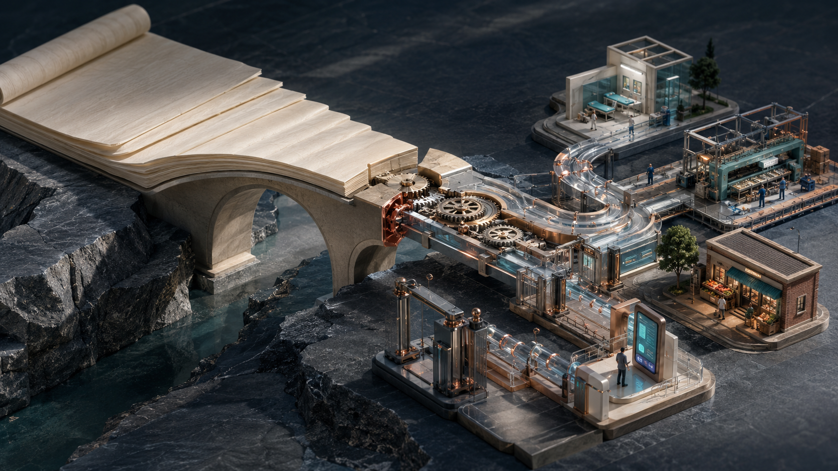 A conceptual architectural model in which blank pages of legislation become a working bridge connecting public services, industry, commerce and digital infrastructure.