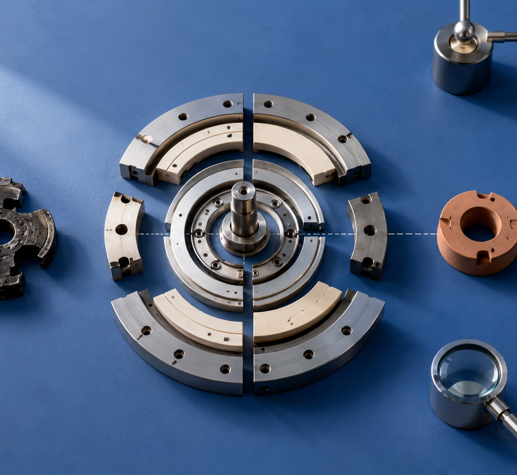 A precision mechanical assembly opened for repair on a cobalt surface, with a worn component removed and a new terracotta part ready for installation.