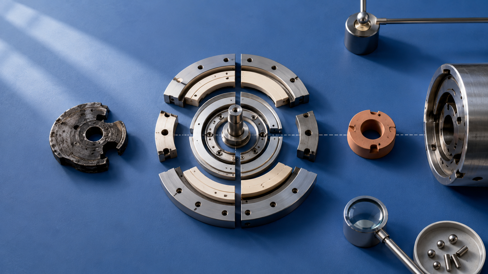  A precision mechanical assembly opened for repair on a cobalt surface, with a worn component removed and a new terracotta part ready for installation.