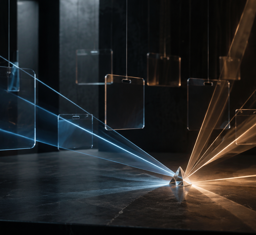 Blank transparent identity cards suspended above a dark surface as blue and copper light paths converge on a glass prism.