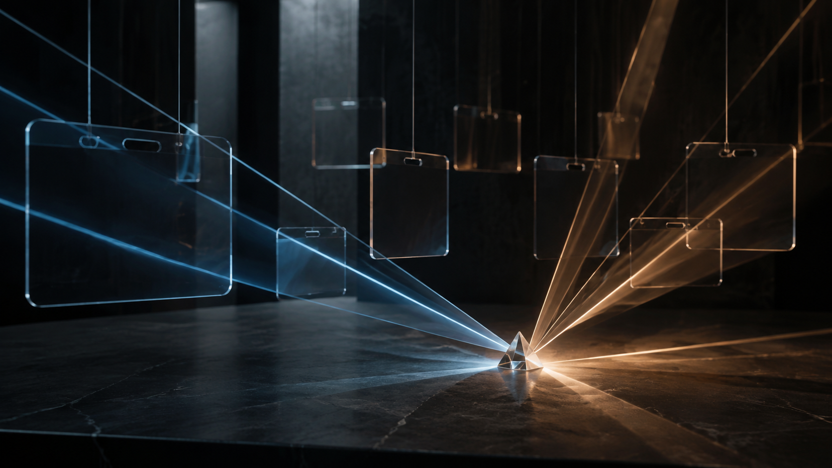 Blank transparent identity cards suspended above a dark surface as blue and copper light paths converge on a glass prism.