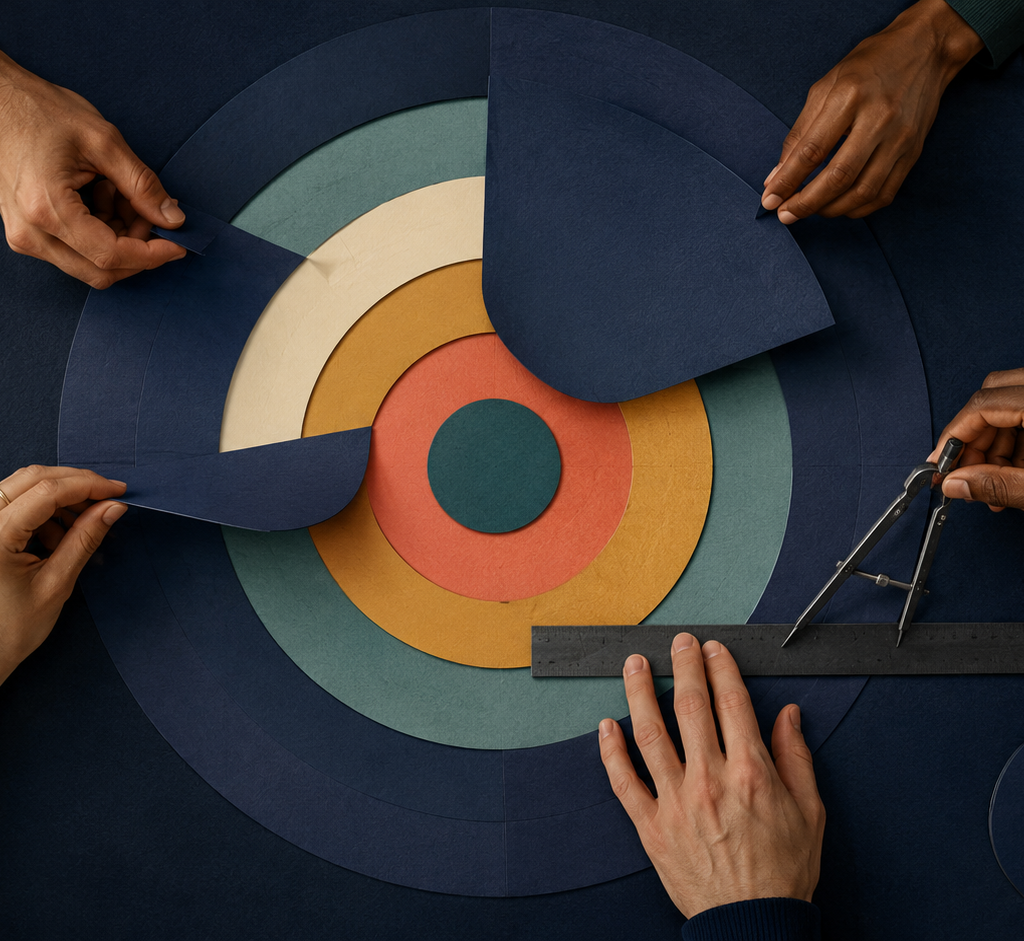 Diverse hands lift navy paper layers to reveal concentric colored compensation bands while another hand measures their alignment.