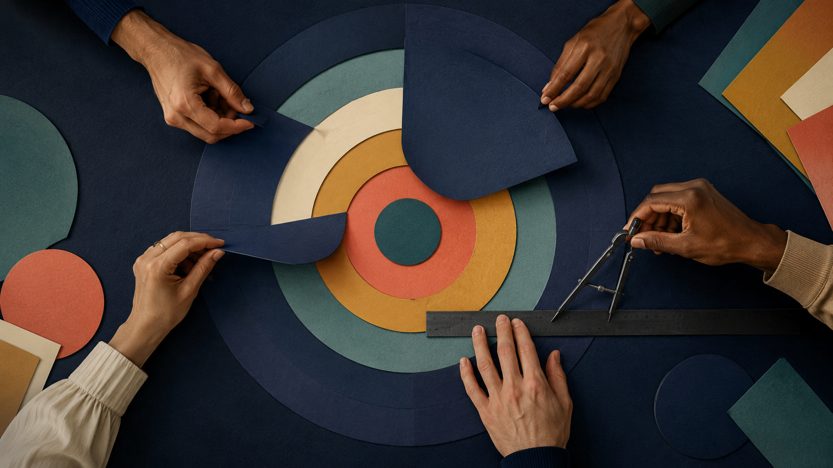 Diverse hands lift navy paper layers to reveal concentric colored compensation bands while another hand measures their alignment.