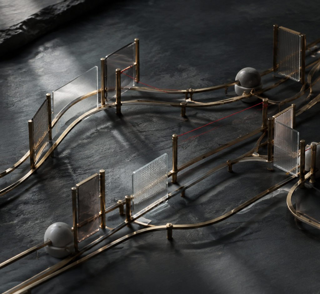 A sculptural network of brass rails passing through glass gates and ceramic counterweights on dark stone