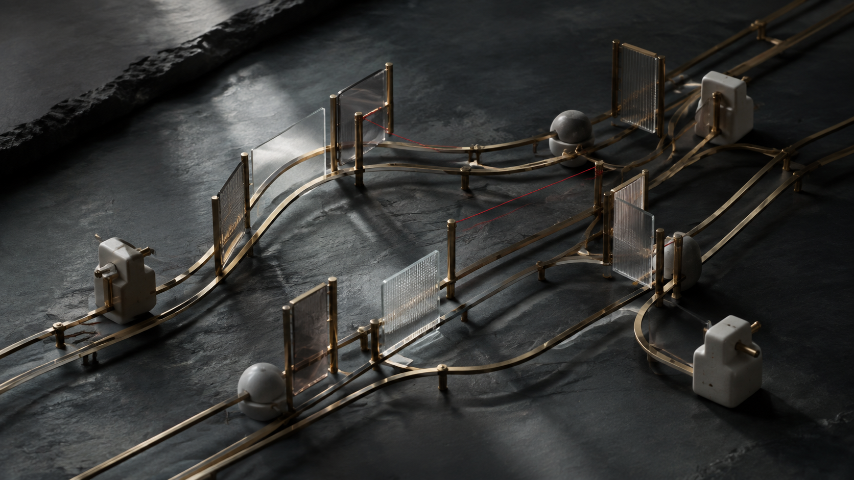 A sculptural network of brass rails passing through glass gates and ceramic counterweights on dark stone