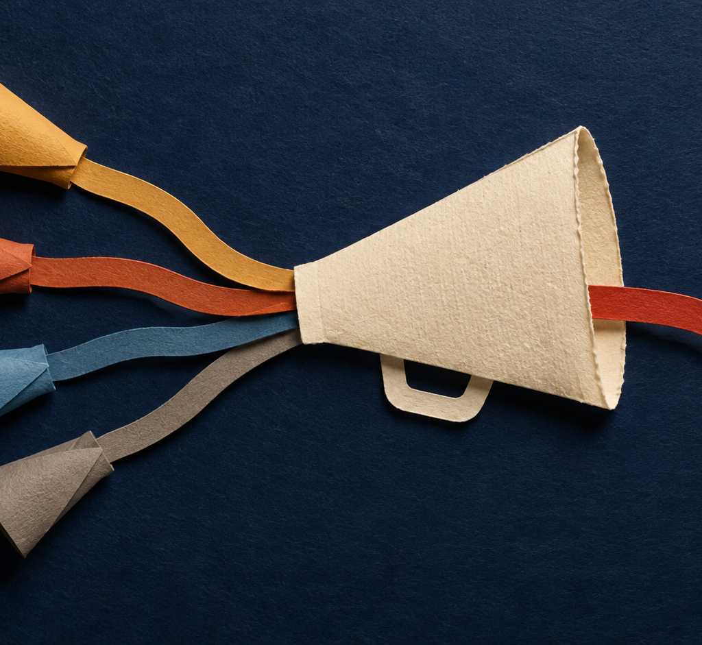 Several colored paper voices merge into a cream paper megaphone while one red message bends away in the opposite direction