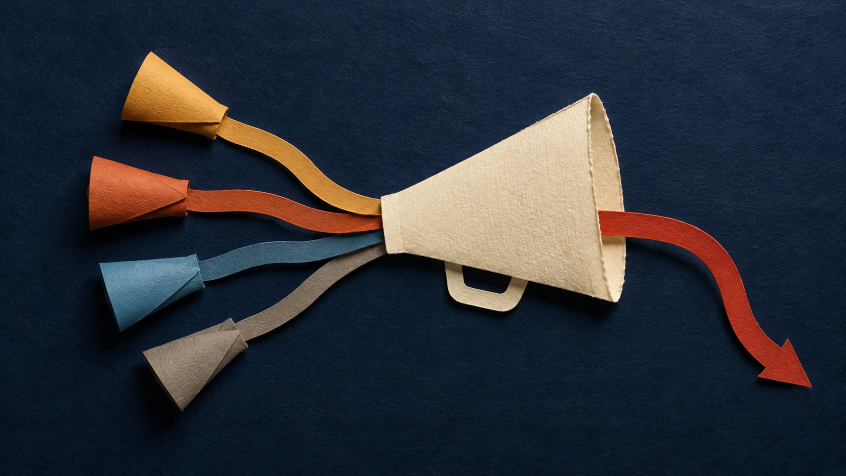 Several colored paper voices merge into a cream paper megaphone while one red message bends away in the opposite direction