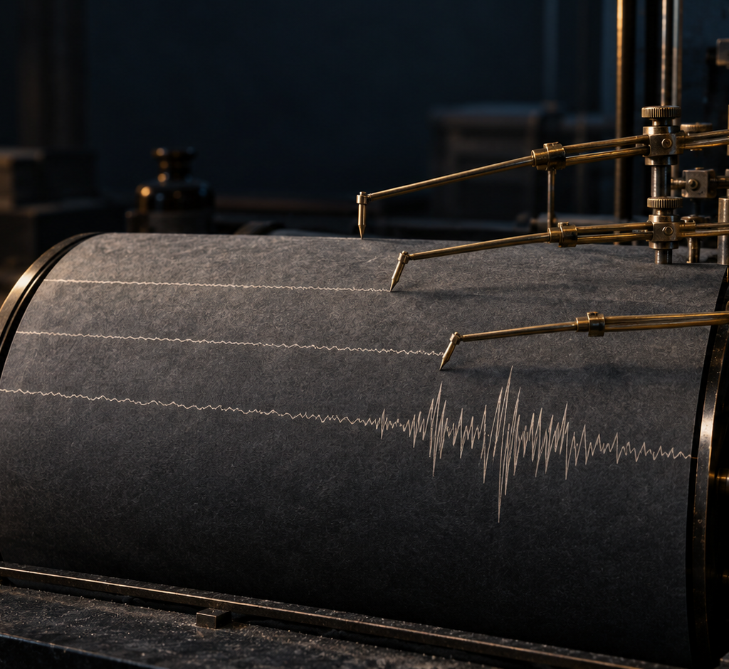 Three brass styluses record parallel traces on a charcoal paper drum, with one trace suddenly breaking into a sharp irregular signal.