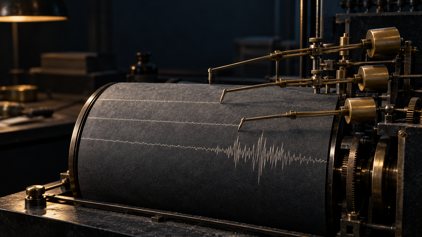 Three brass styluses record parallel traces on a charcoal paper drum, with one trace suddenly breaking into a sharp irregular signal.