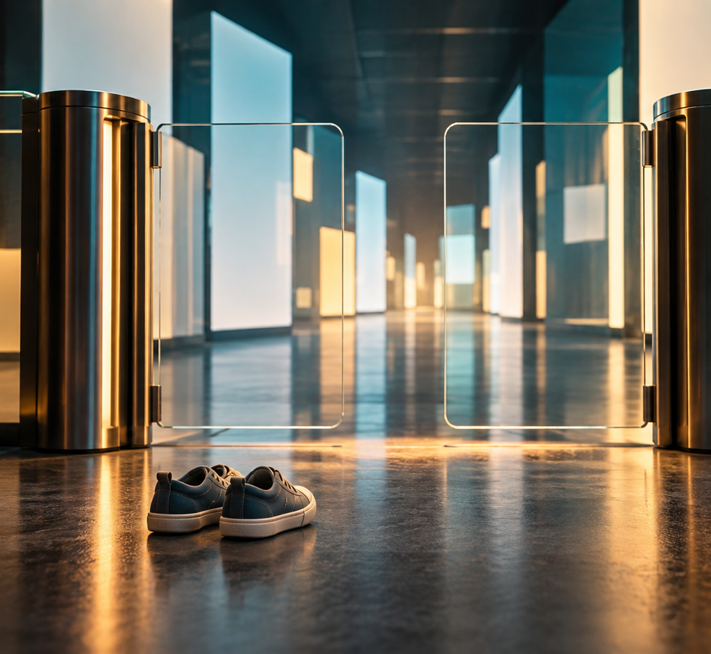 A pair of child-size sneakers rests before a translucent turnstile leading into an abstract corridor of illuminated digital panels.