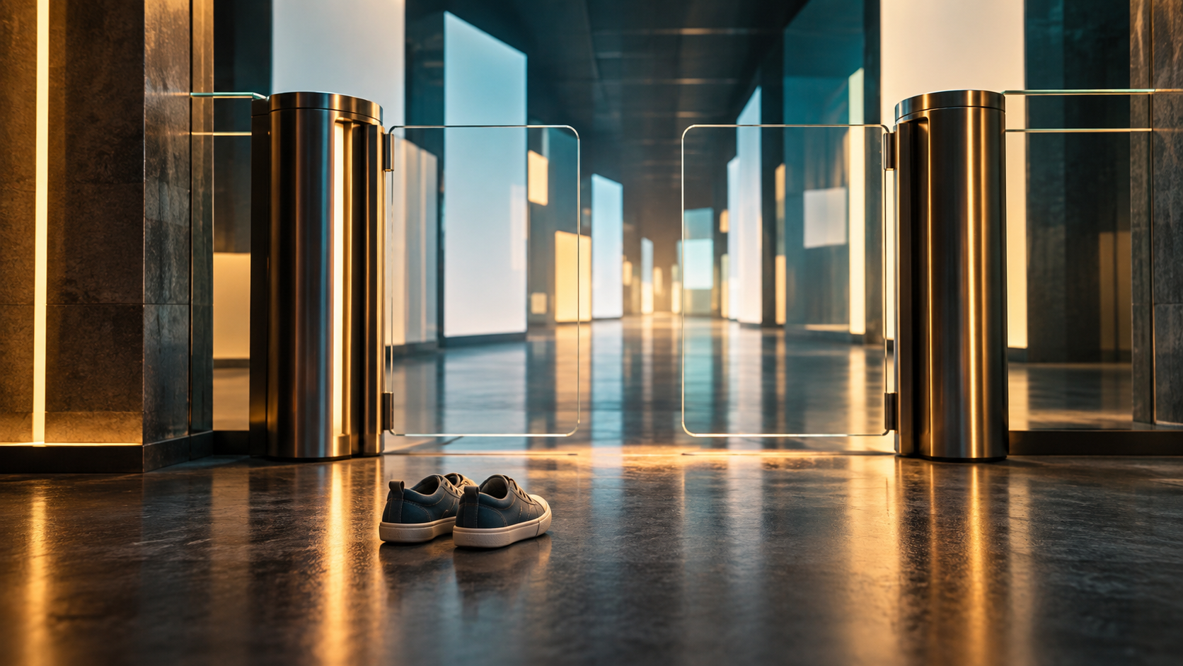 A pair of child-size sneakers rests before a translucent turnstile leading into an abstract corridor of illuminated digital panels.