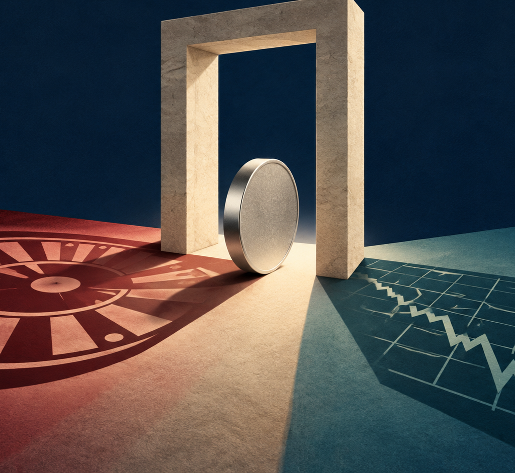 A silver disc passes through a freestanding doorway, casting a roulette-wheel shadow on one side and a financial-market grid shadow on the other.