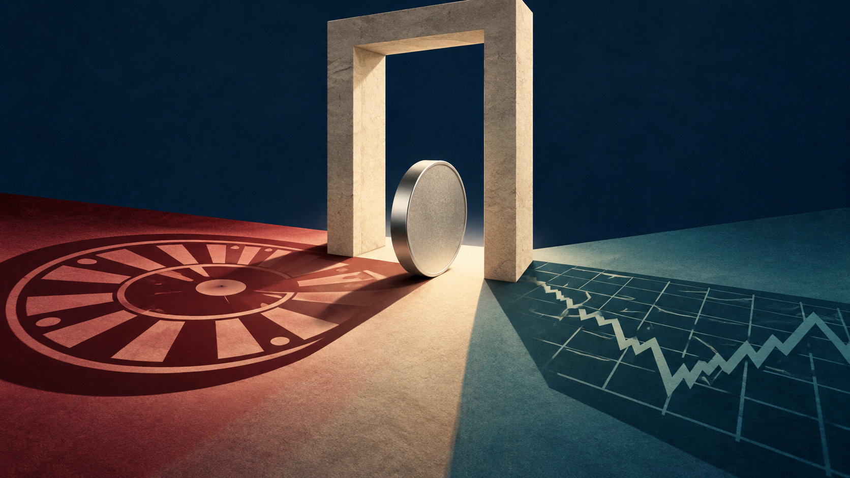 A silver disc passes through a freestanding doorway, casting a roulette-wheel shadow on one side and a financial-market grid shadow on the other.
