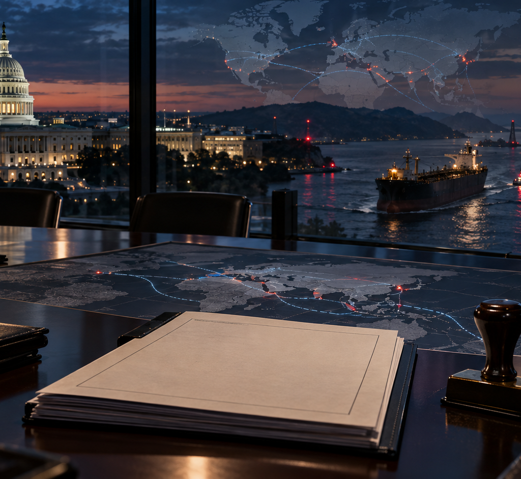 U.S. Capitol overlooking global trade routes, an oil tanker and a container ship, symbolizing sanctions, energy security and geopolitical pressure.