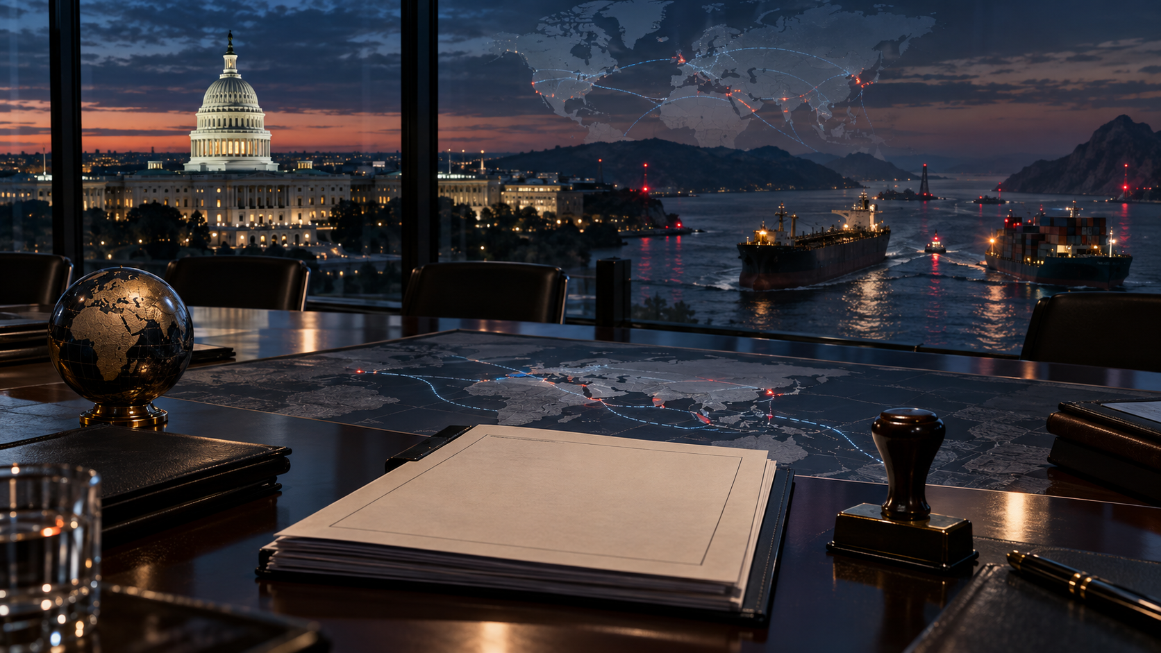 U.S. Capitol overlooking global trade routes, an oil tanker and a container ship, symbolizing sanctions, energy security and geopolitical pressure.