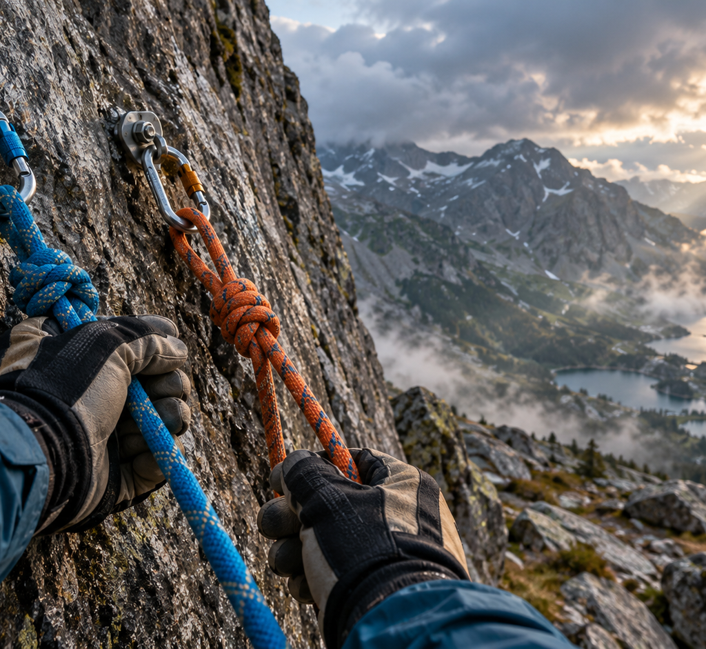A climber’s gloved hands check two independent safety ropes attached to separate anchors on a mountain rock face.