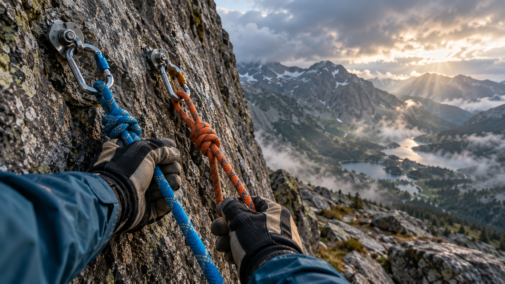 A climber’s gloved hands check two independent safety ropes attached to separate anchors on a mountain rock face.