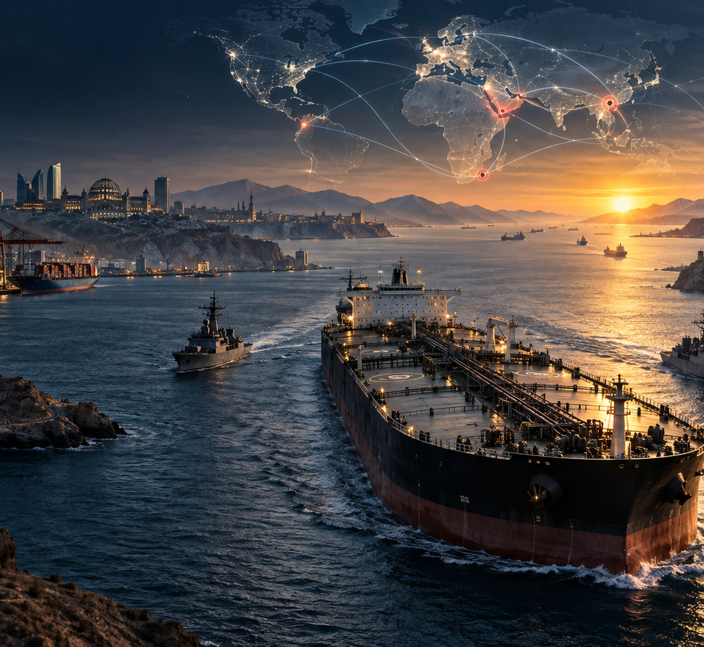 Oil tanker escorted through a strategic maritime chokepoint beneath an illuminated world map, representing geopolitical conflict, energy security and global trade tensions.