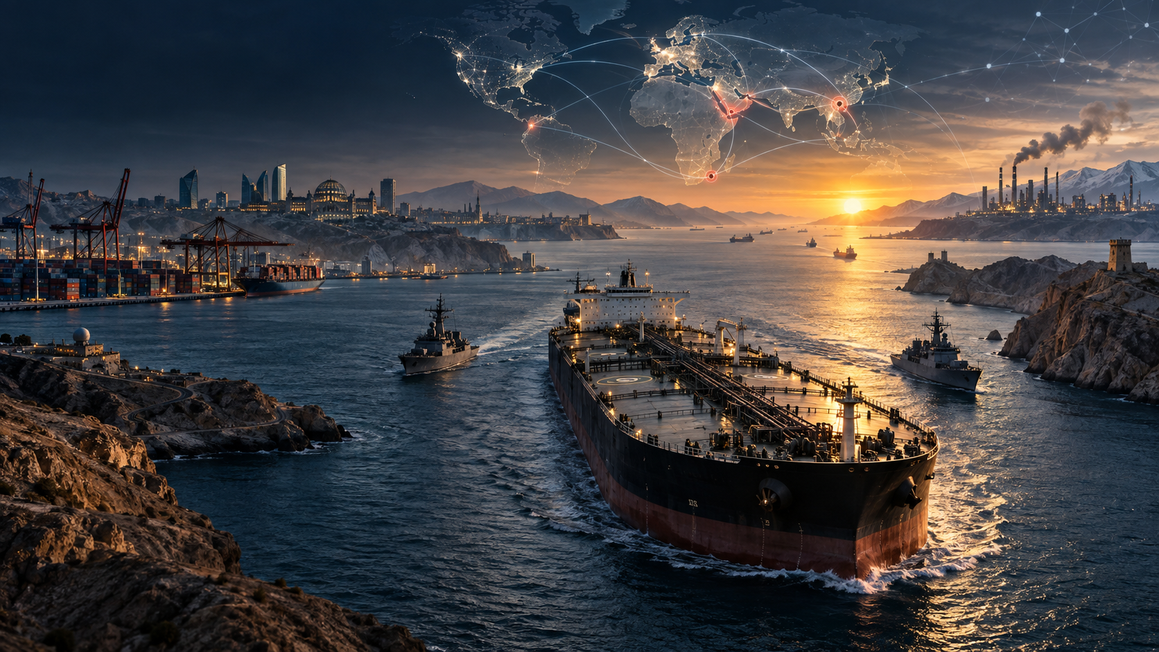 Oil tanker escorted through a strategic maritime chokepoint beneath an illuminated world map, representing geopolitical conflict, energy security and global trade tensions.