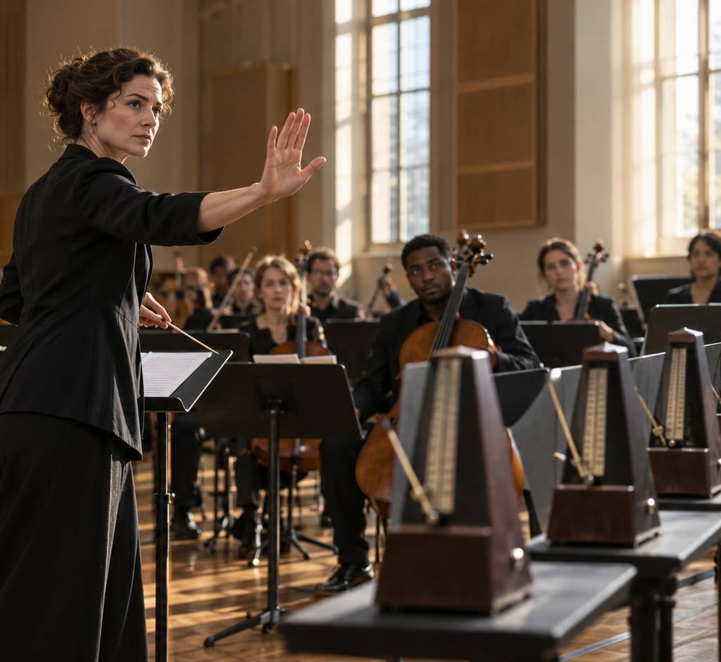 An orchestra conductor raises her hand to stop a rehearsal as synchronized mechanical metronomes continue in front of the musicians.