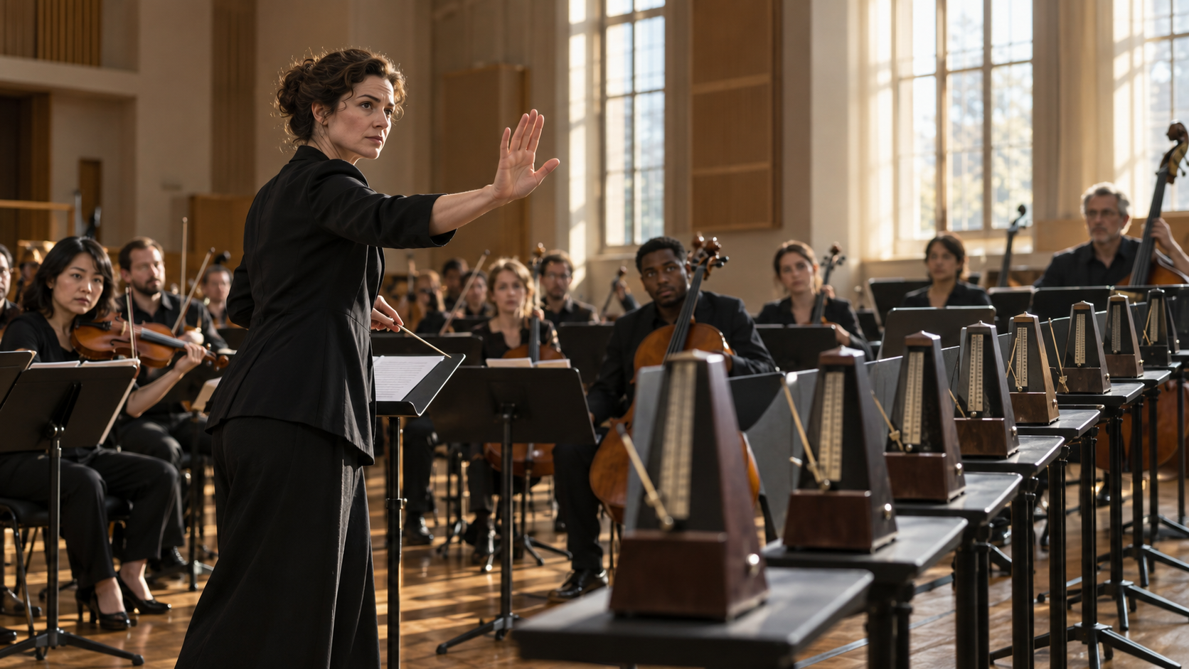 An orchestra conductor raises her hand to stop a rehearsal as synchronized mechanical metronomes continue in front of the musicians.