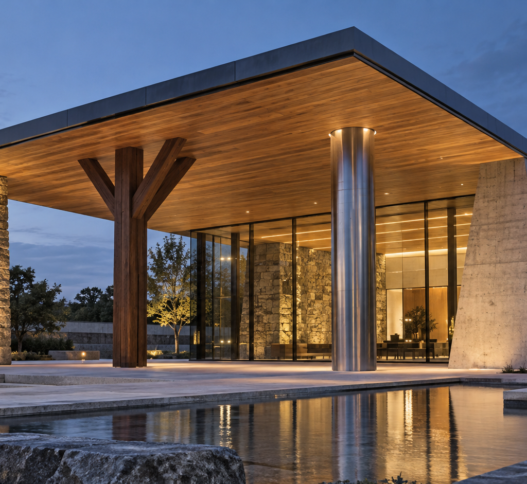 Four different structural supports hold one illuminated pavilion roof in a contemporary courtyard at dusk.