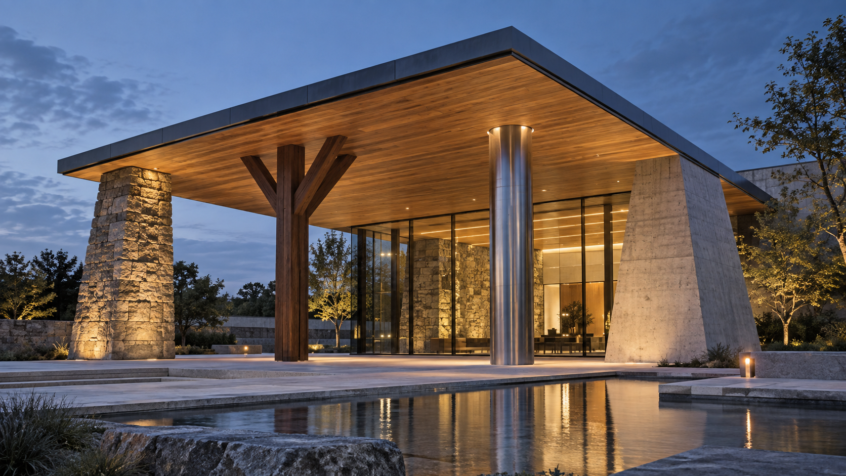 Four different structural supports hold one illuminated pavilion roof in a contemporary courtyard at dusk.