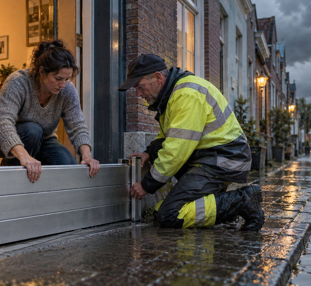 A homeowner and a municipal resilience worker install a removable flood barrier across a townhouse doorway as stormwater gathers in a European street.