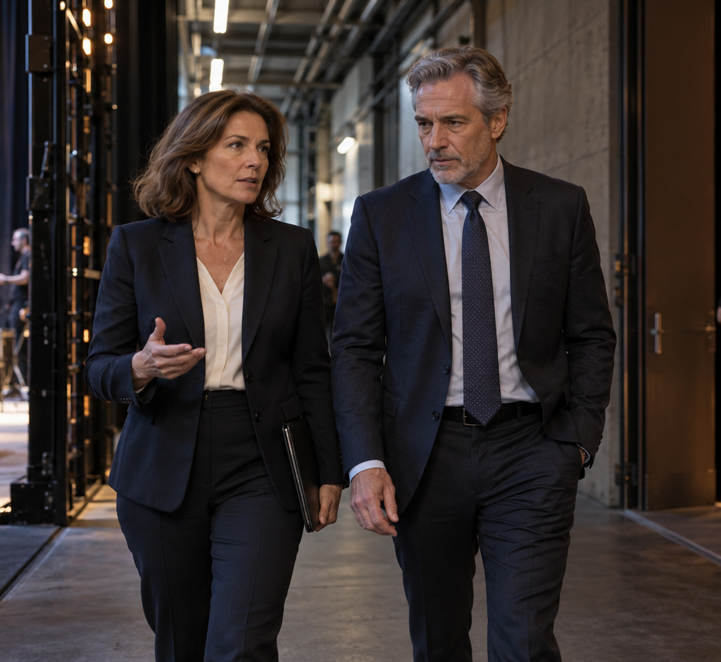 Two senior executives walk side by side through the backstage corridor of a performing-arts venue as production and audience operations converge around them.