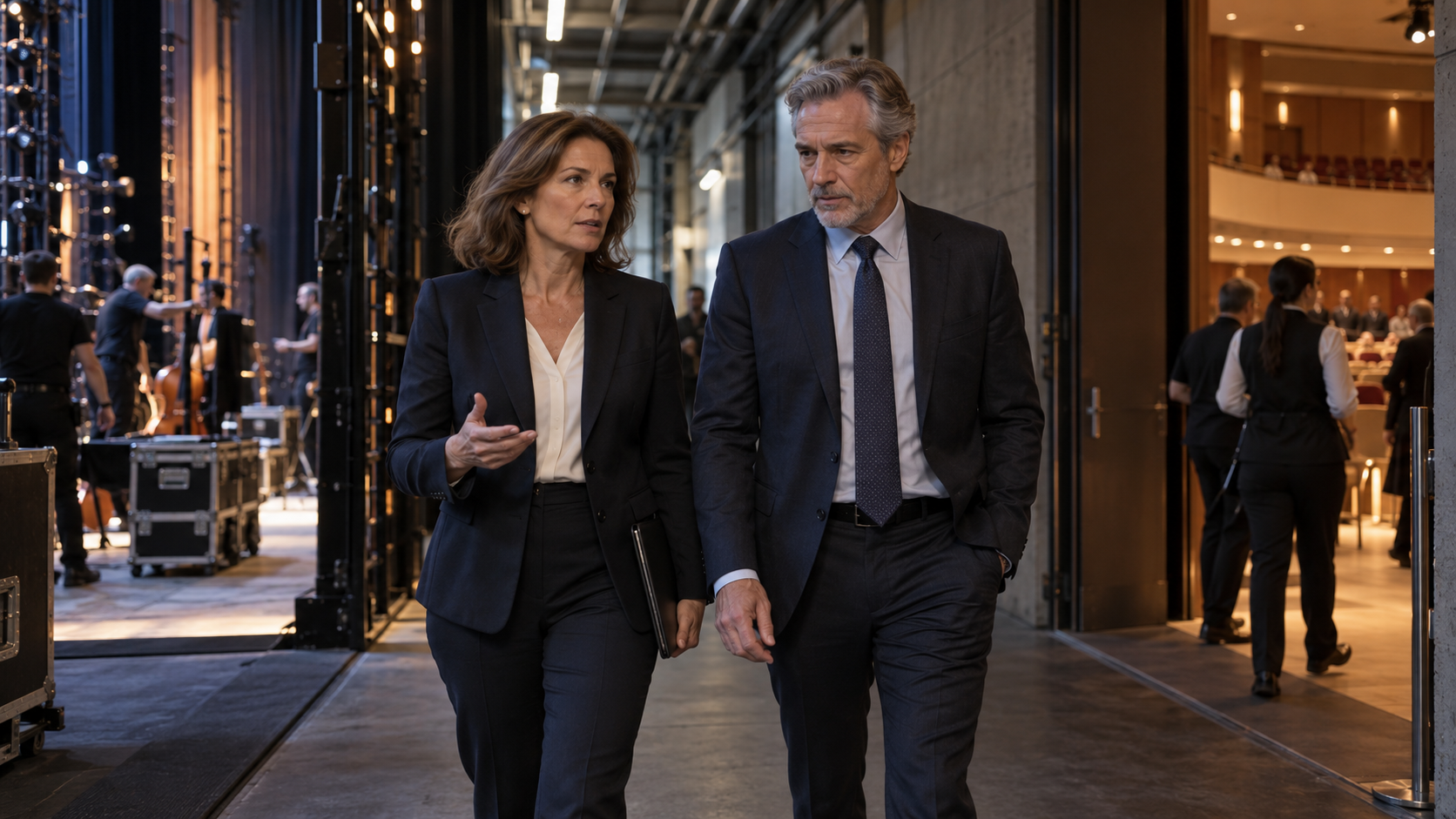 Two senior executives walk side by side through the backstage corridor of a performing-arts venue as production and audience operations converge around them.