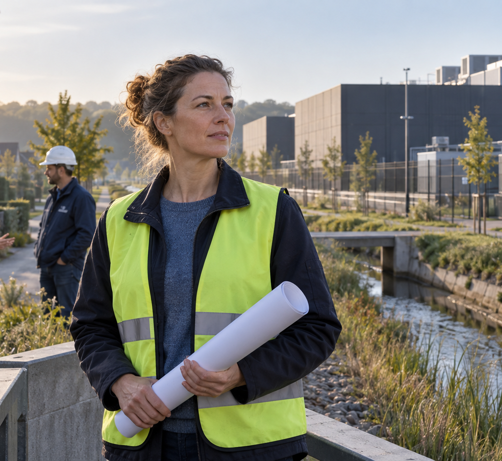 A fictional municipal infrastructure engineer stands between an unmarked data center campus and a neighboring residential area while a resident and facility engineer speak nearby.
