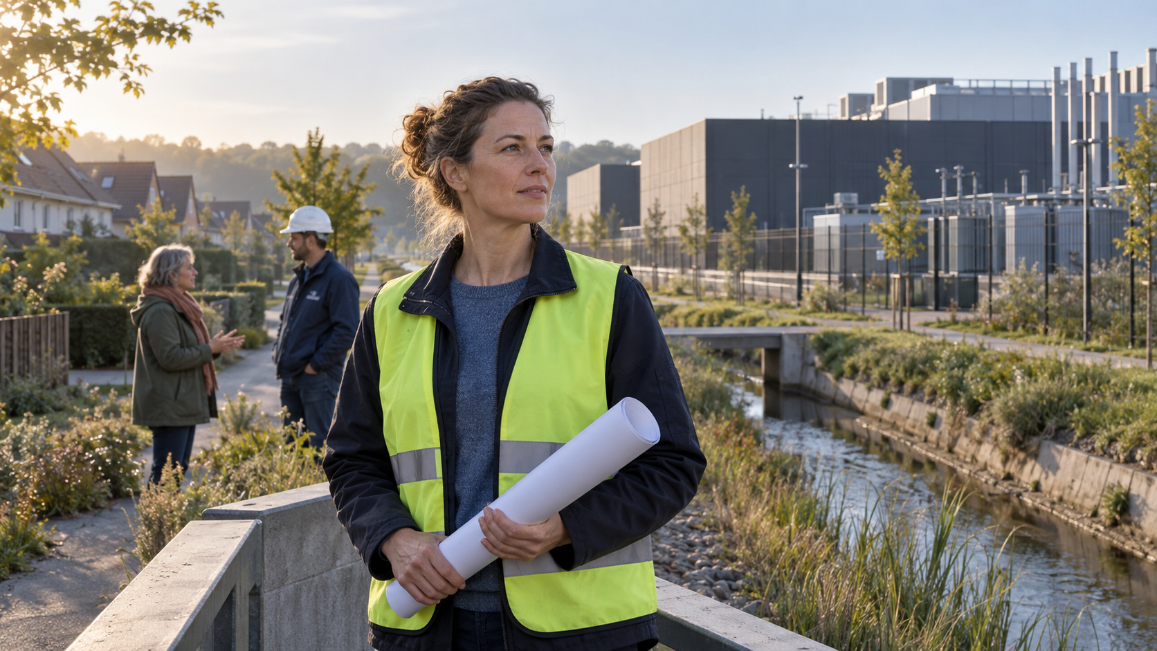 A fictional municipal infrastructure engineer stands between an unmarked data center campus and a neighboring residential area while a resident and facility engineer speak nearby.