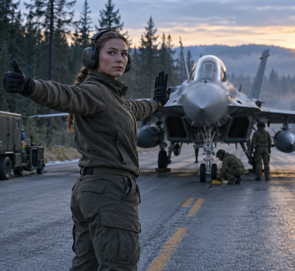 A fictional ground-crew chief directs an unmarked fighter aircraft and a small support team on a forest highway converted into a temporary airstrip at dawn.