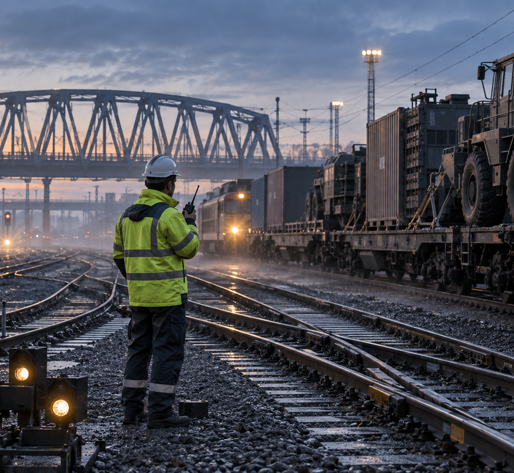  A civilian rail coordinator directs an unmarked train carrying heavy engineering vehicles through a European freight terminal at dawn