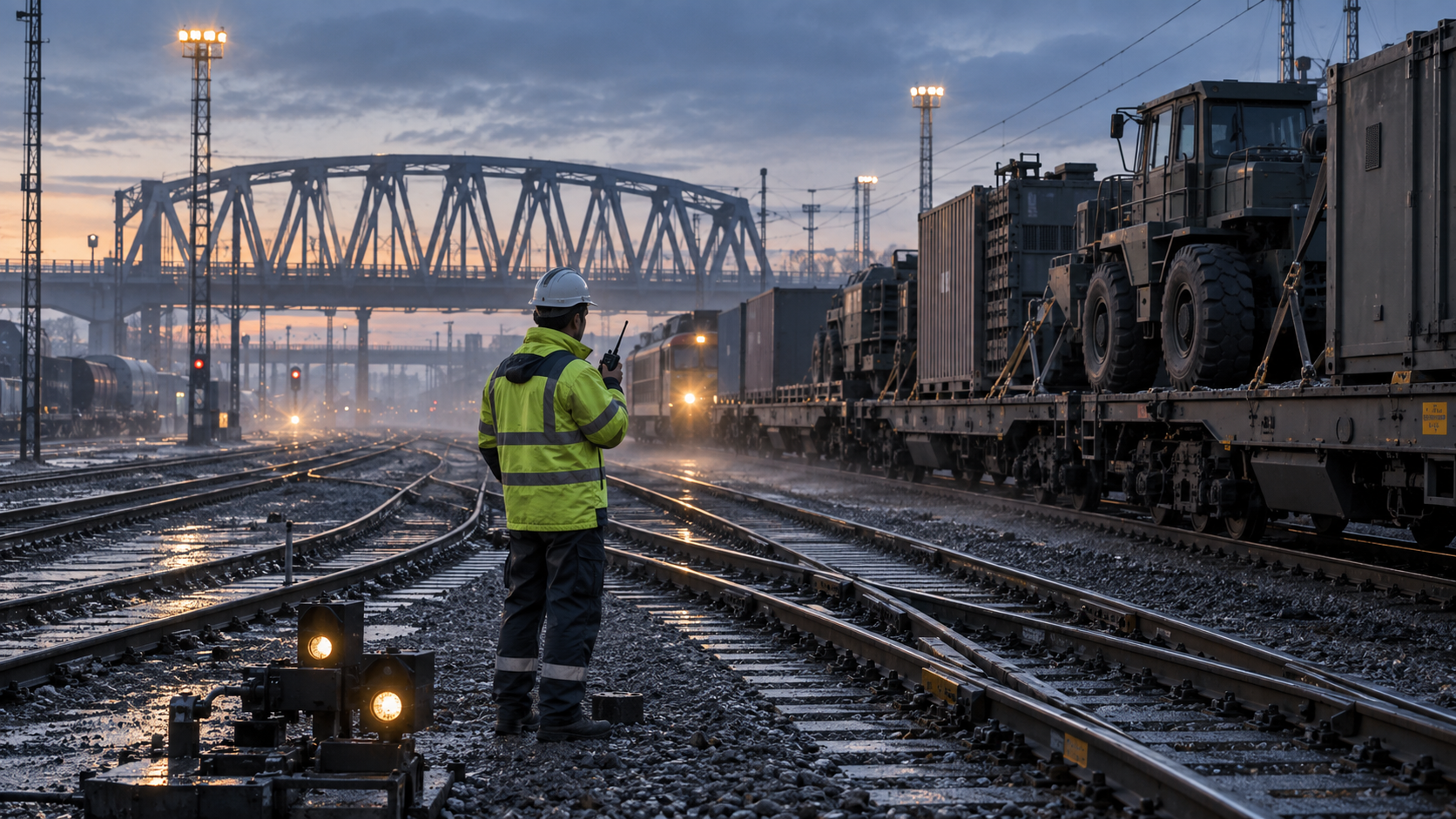  A civilian rail coordinator directs an unmarked train carrying heavy engineering vehicles through a European freight terminal at dawn