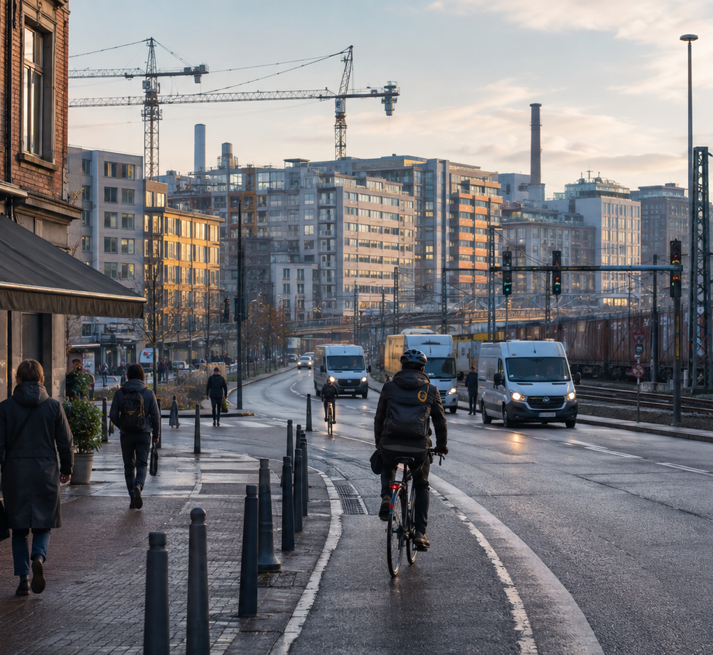 Morning commuters, cyclists, delivery vehicles, and a freight train move through a European city framed by construction cranes and mixed-use buildings.