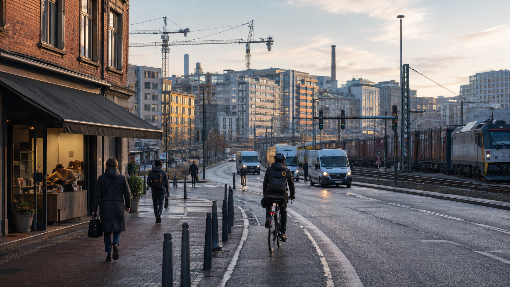 Morning commuters, cyclists, delivery vehicles, and a freight train move through a European city framed by construction cranes and mixed-use buildings.
