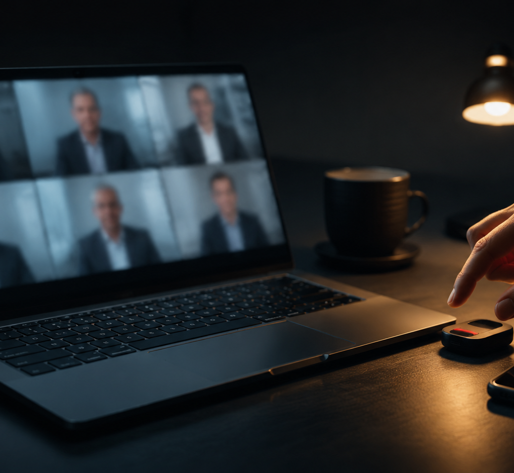 A hand pauses above a verification token beside a laptop showing several blurred, nearly identical executive figures on a video call