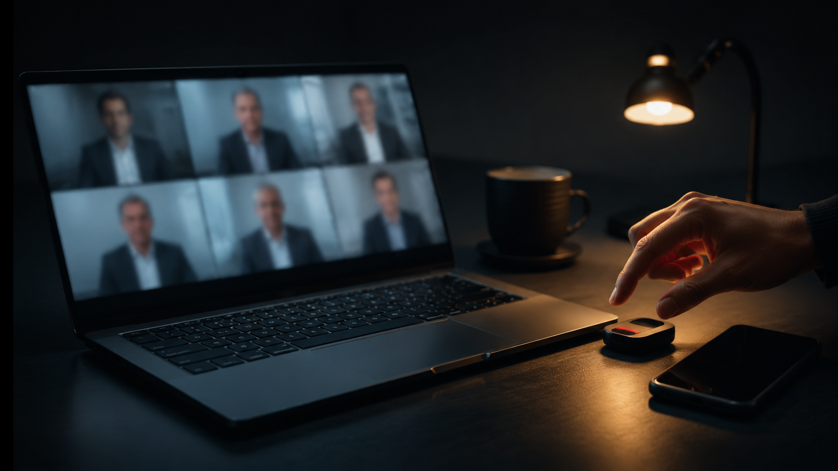 A hand pauses above a verification token beside a laptop showing several blurred, nearly identical executive figures on a video call