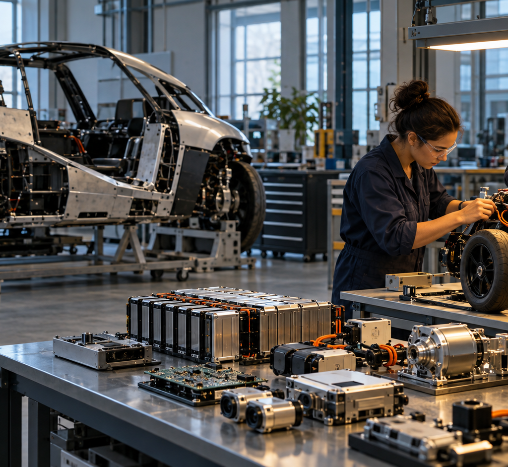 Two engineers transfer reusable components from a retired vehicle prototype into a smaller next-generation design in an unbranded research workshop.