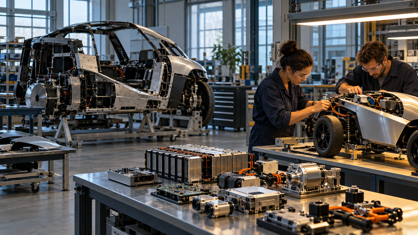 Two engineers transfer reusable components from a retired vehicle prototype into a smaller next-generation design in an unbranded research workshop.