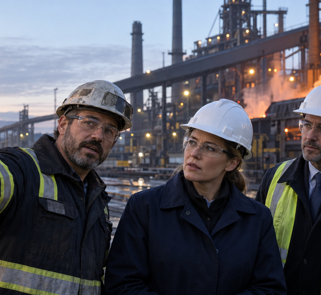 An international executive listens to a steelworker during an early-morning visit to an operating steel plant, accompanied by an engineer and a local representative